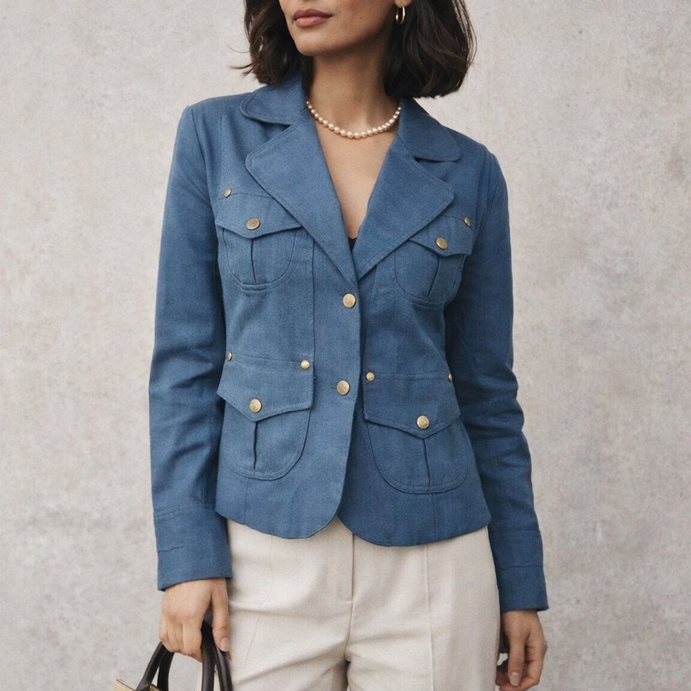 Galeno Teal Blue Utility Jacket Military Safari Blazer Brass Buttons Women's S